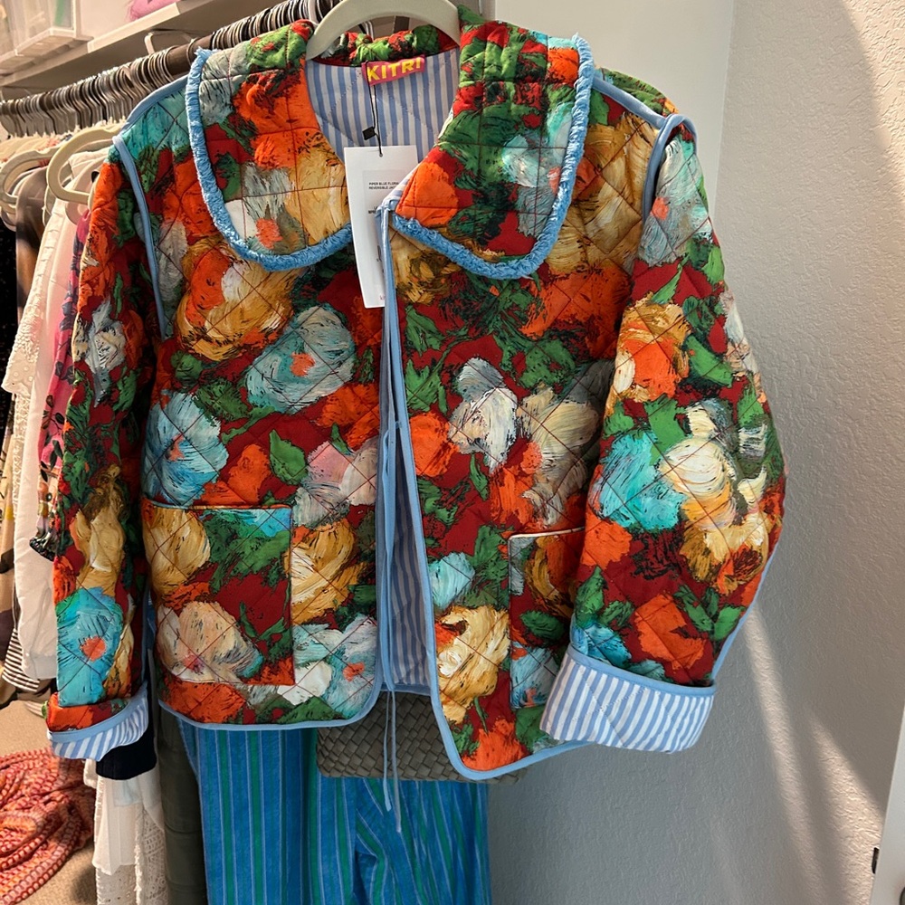 Colorful Quilted Jacket with Blue Trim